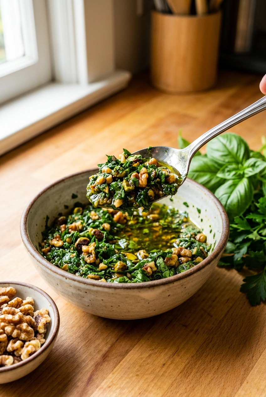 A spoon scooping a chunky herb and nut mixture from a bowl next to toasted nuts and fresh herbs