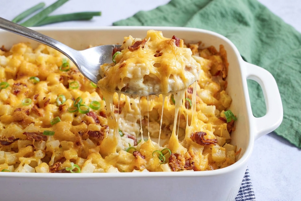 A spoon scooping a creamy portion of Mississippi mud potatoes from a casserole dish, showing melted cheese strands and bacon bits