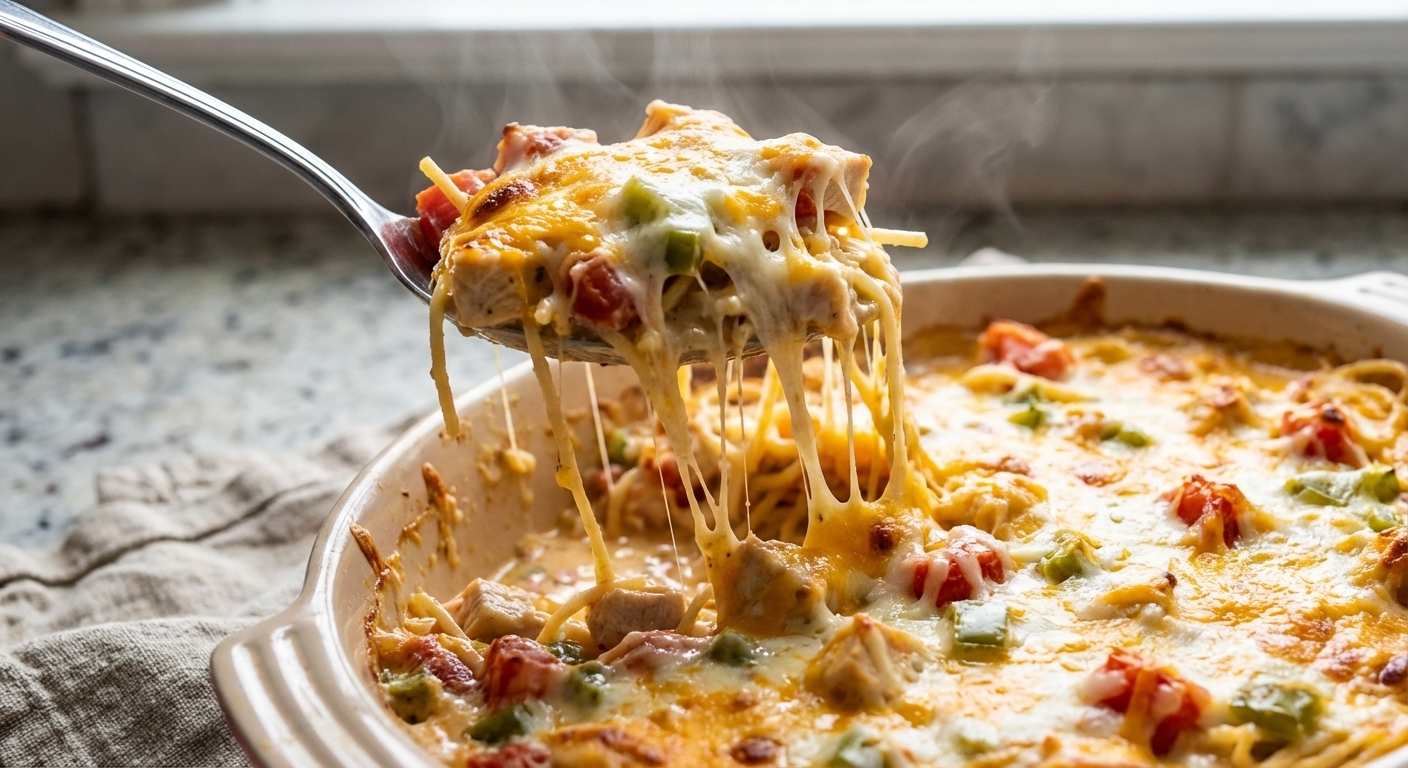 A spoon scooping a creamy portion of baked chicken spaghetti from a casserole dish, with stretchy melted cheese and visible bits of tomatoes and peppers, close-up warm food photography