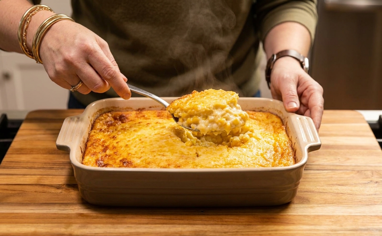 A spoon scooping a creamy portion of corn pudding from a golden baked casserole dish, steam rising in warm kitchen light
