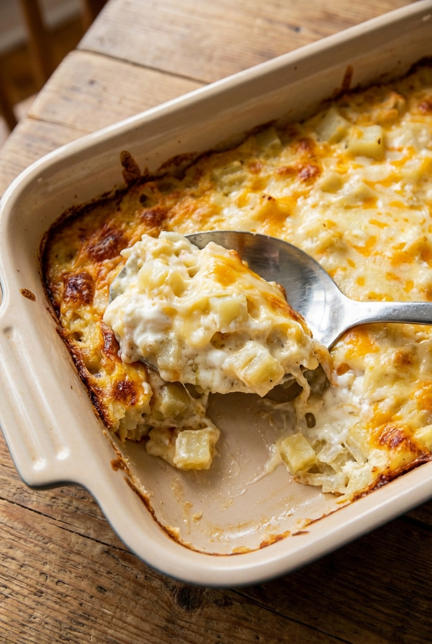 A spoon scooping a creamy portion of hashbrown casserole from the corner of the baking dish showing crispy browned edges
