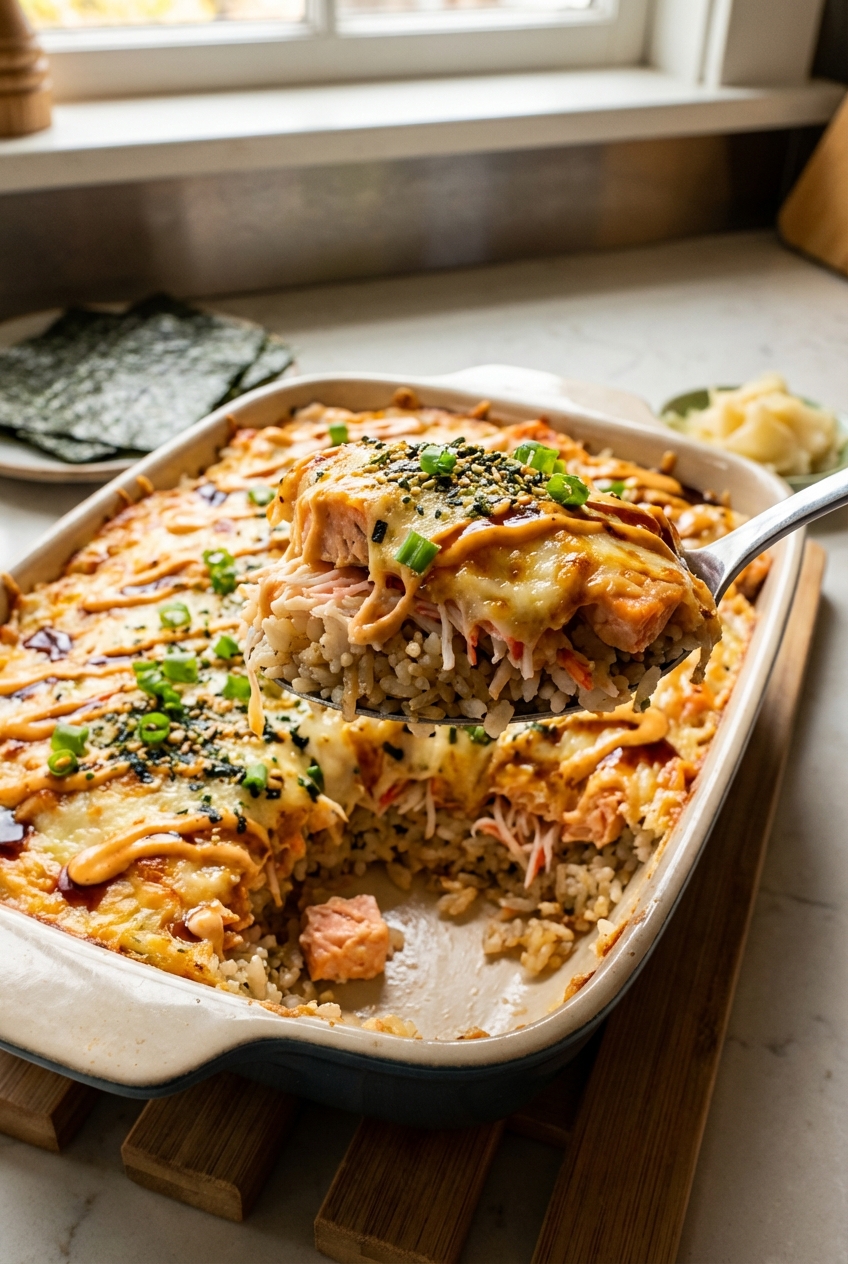 A spoon scooping a creamy salmon and crab sushi bake from a baking dish
