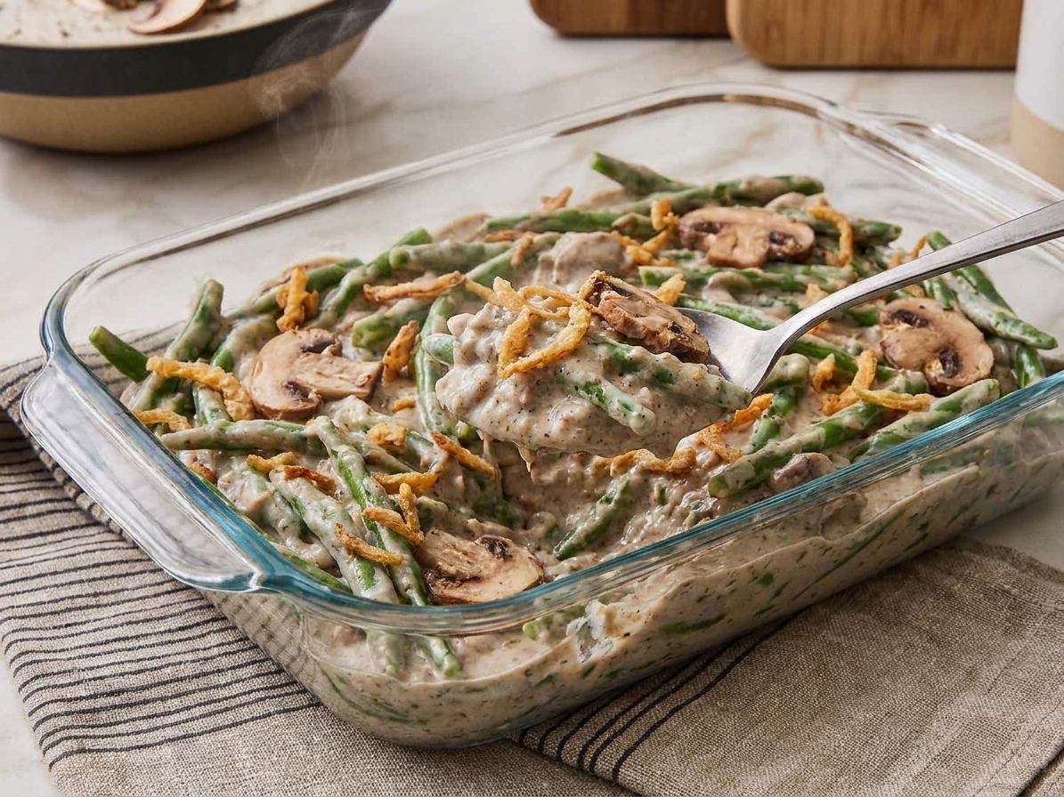 A spoon scooping a creamy serving of green bean casserole from a baked dish with crispy fried onions on top, warm kitchen lighting