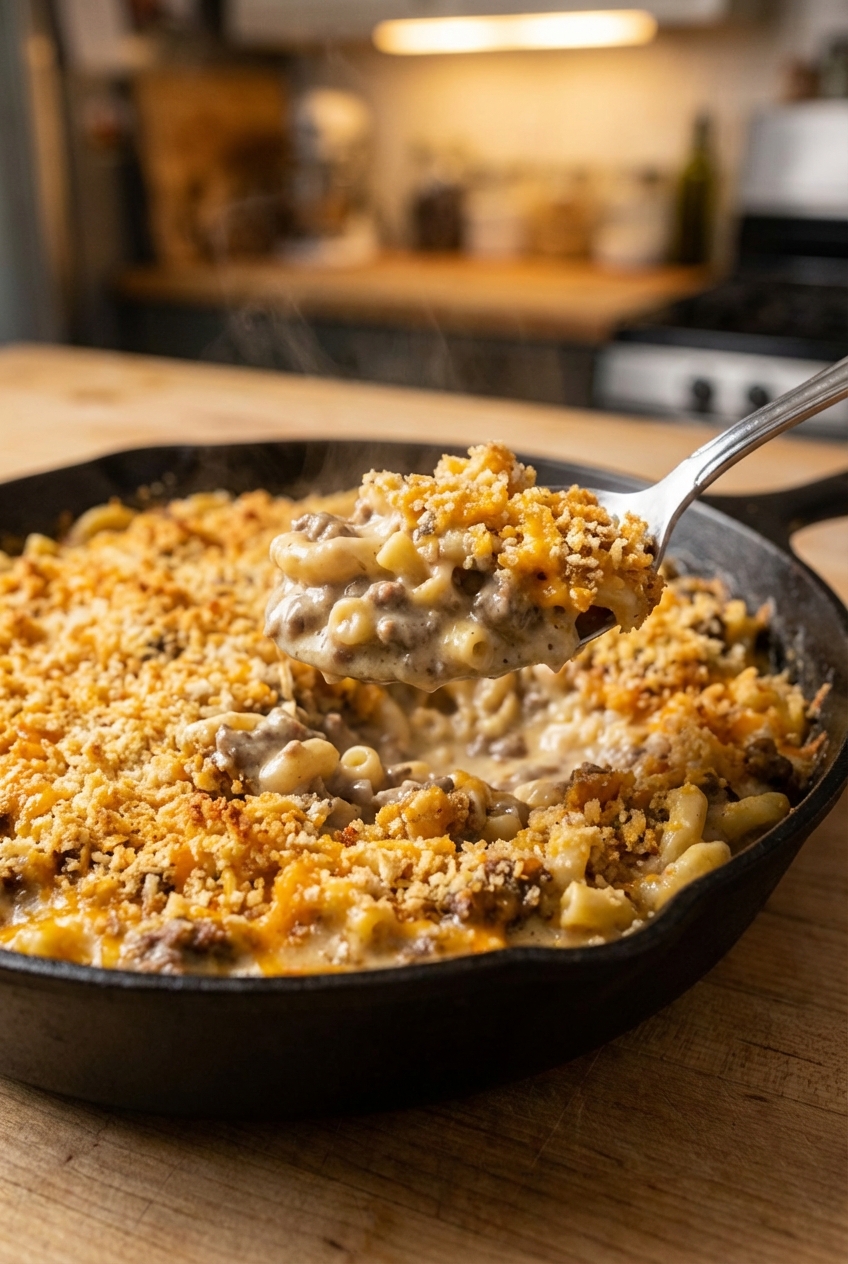 A spoon scooping a creamy serving of hamburger helper with crunchy topping from a skillet