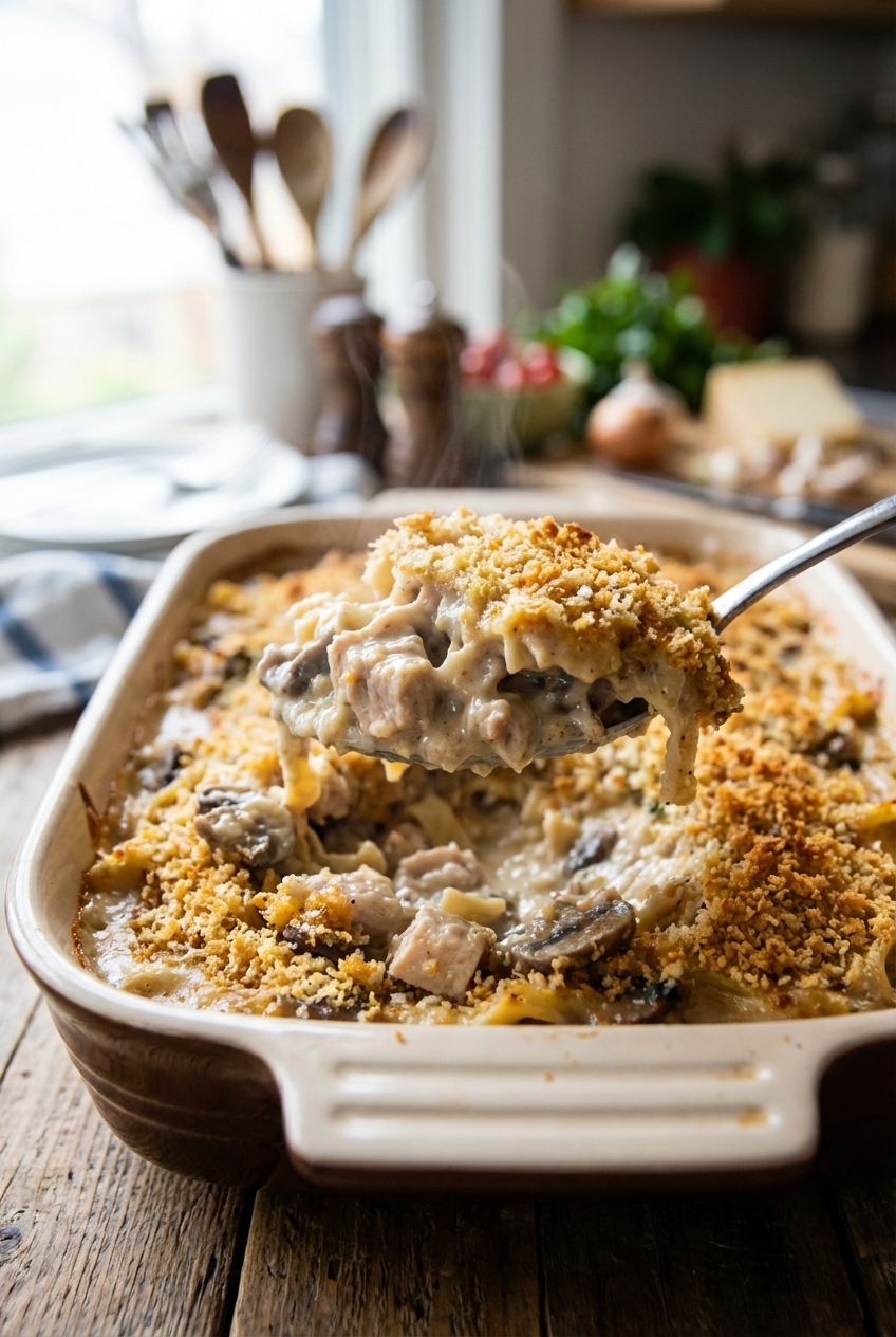 A spoon scooping a creamy serving of turkey tetrazzini from a baking dish with a golden breadcrumb crust