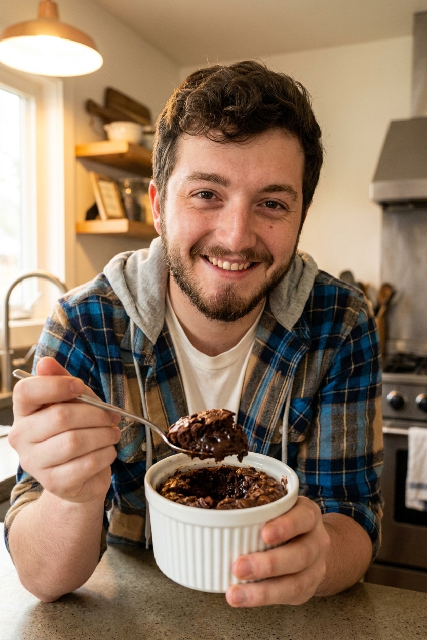 A spoon scooping a fudgy bite from a ramekin of blended chocolate baked oats, showing a moist cake-like interior, warm kitchen lighting