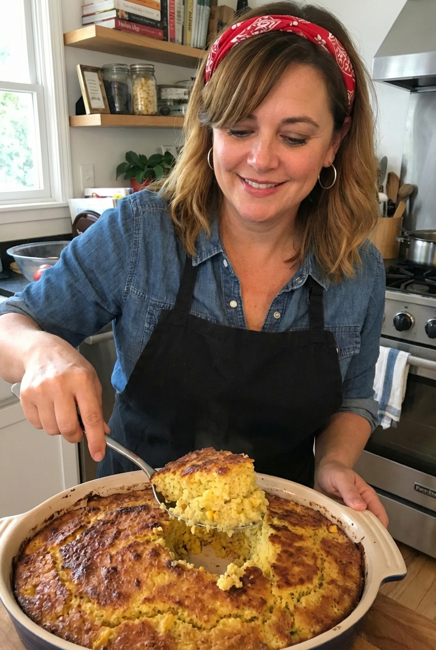 A spoon scooping a moist portion of cornbread dressing from a baking dish showing a crisp browned top