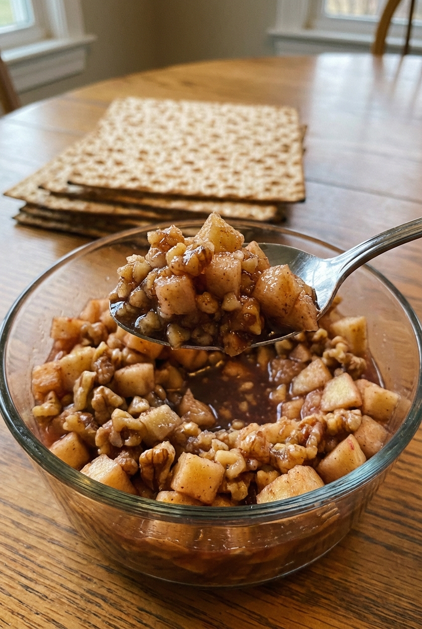 A spoon scooping a mound of chunky charoset from a glass bowl with matzo in the background