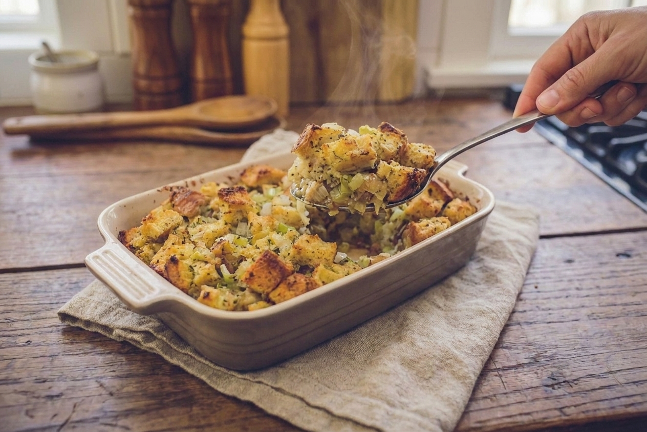 A spoon scooping a portion of turkey dressing from a casserole dish, showing a crisp top and tender interior
