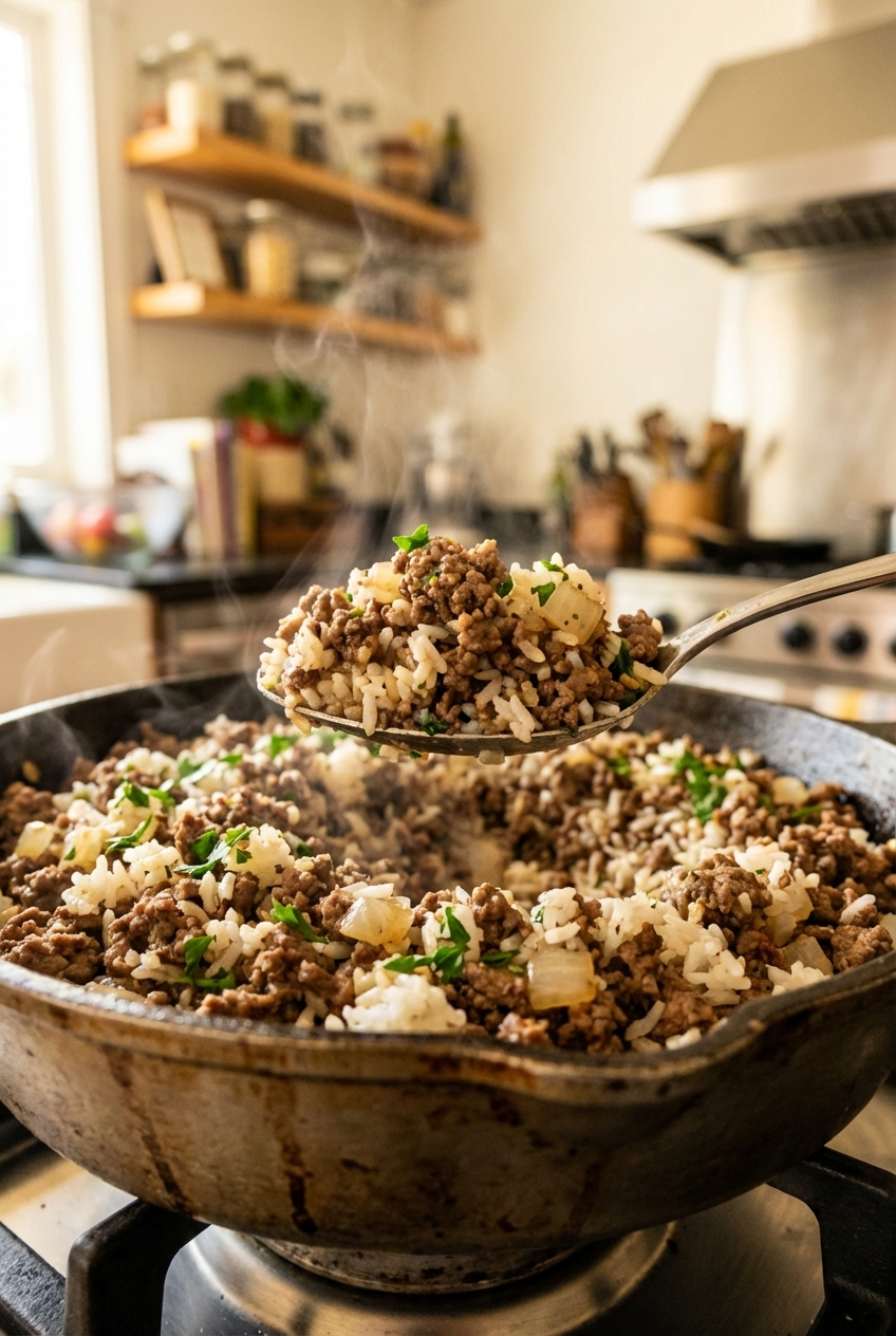 A spoon scooping a savory beef and rice filling from a skillet, with diced onions and herbs visible