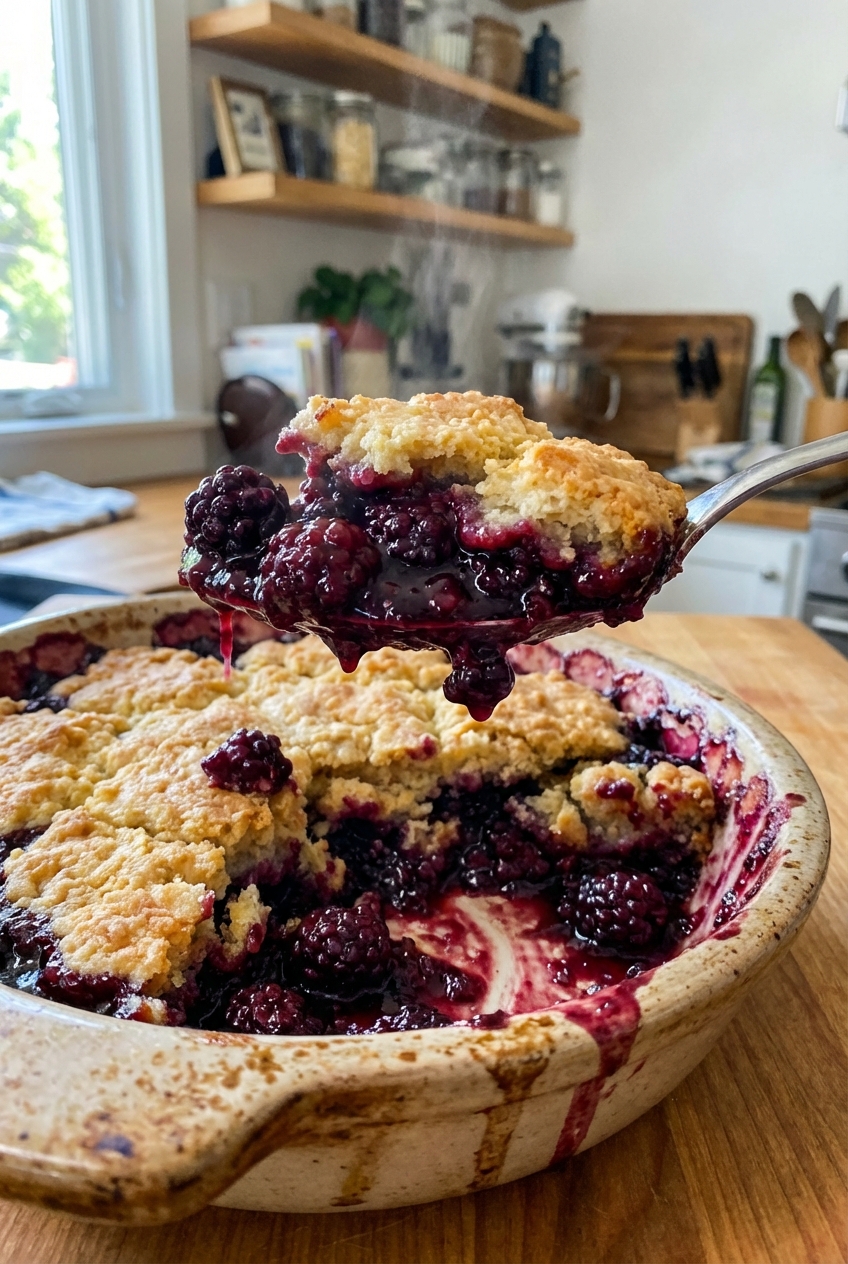 A spoon scooping a serving of blackberry cobbler from a baking dish, showing thick jammy filling and golden biscuit topping