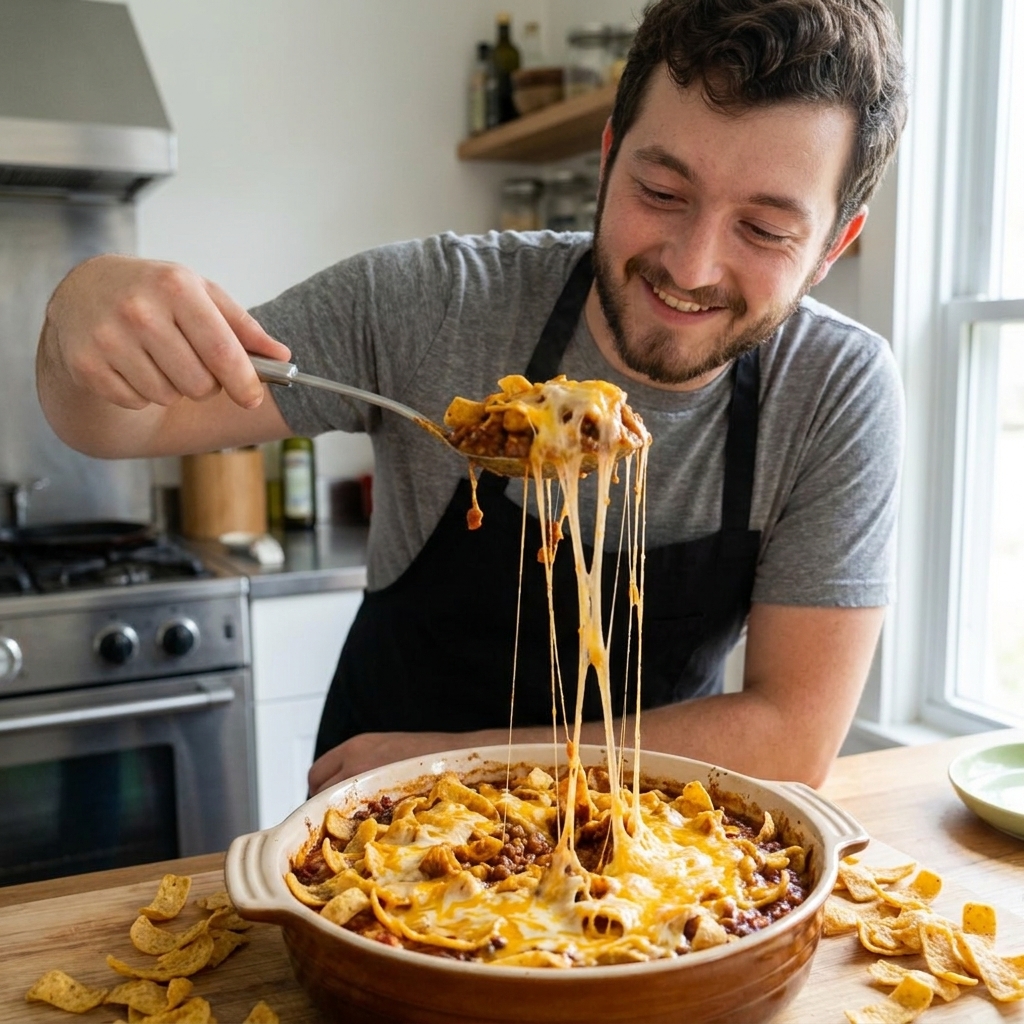 A spoon scooping a serving of chili and corn chip casserole with melted cheese stretching from the pan, with extra corn chips scattered nearby
