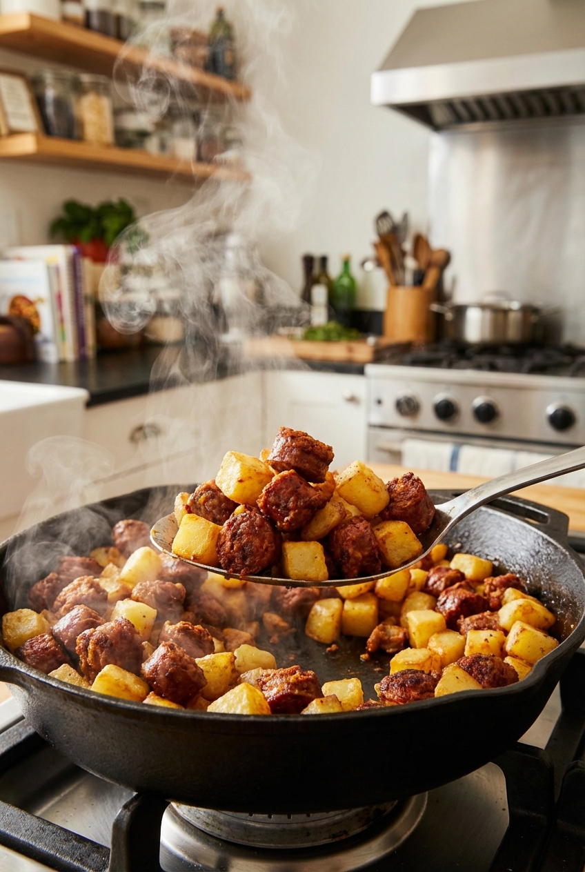 A spoon scooping a serving of chorizo and potatoes from a skillet with steam rising