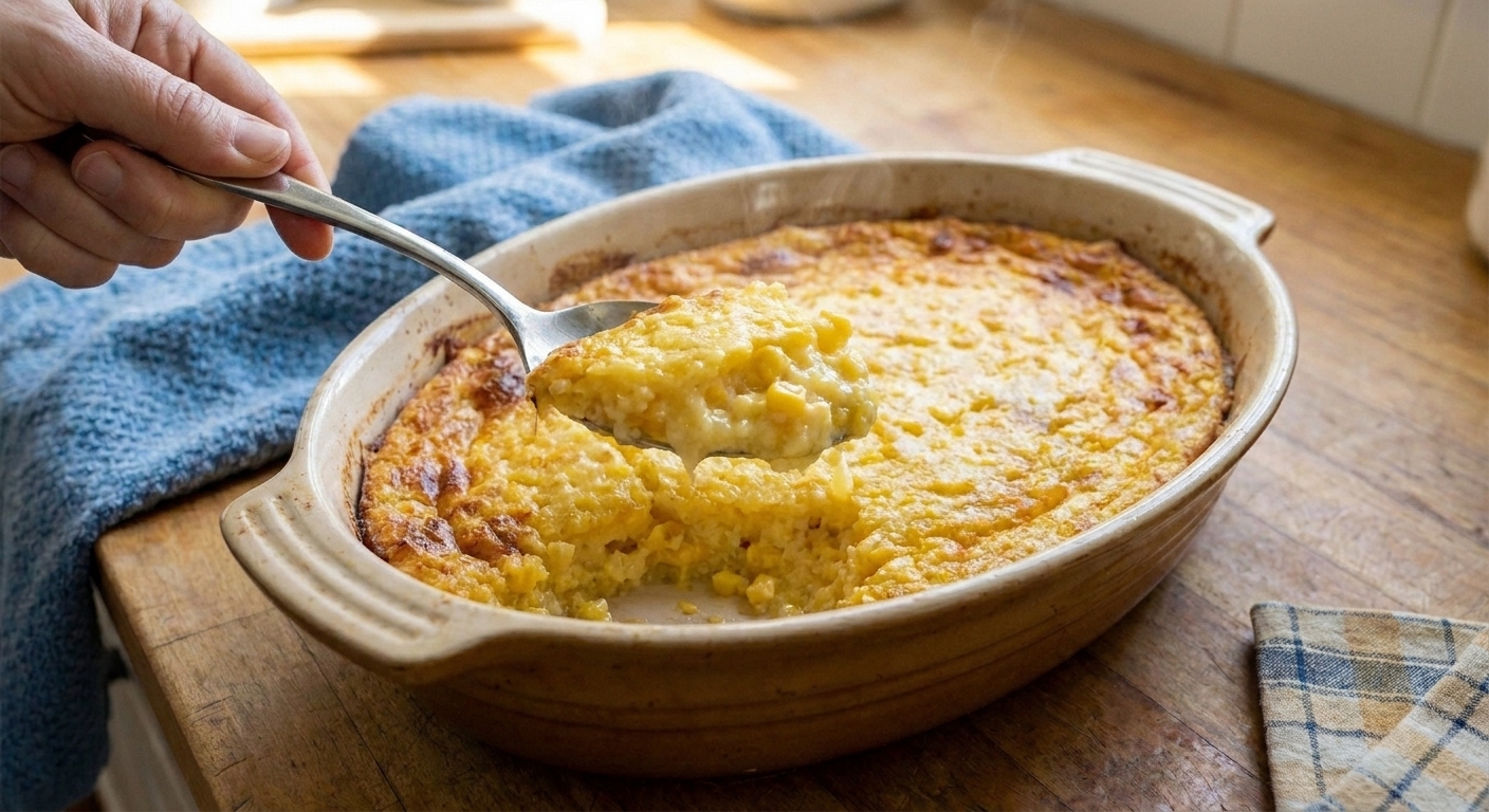 A spoon scooping a serving of creamy corn pudding from a baking dish, showing a soft center and golden edges