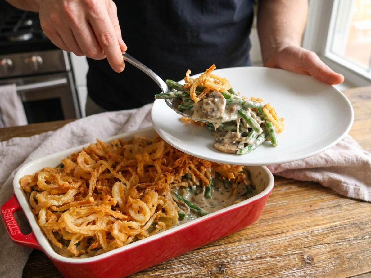 A spoon scooping a serving of creamy green bean casserole with crispy fried onions from a baking dish onto a plate