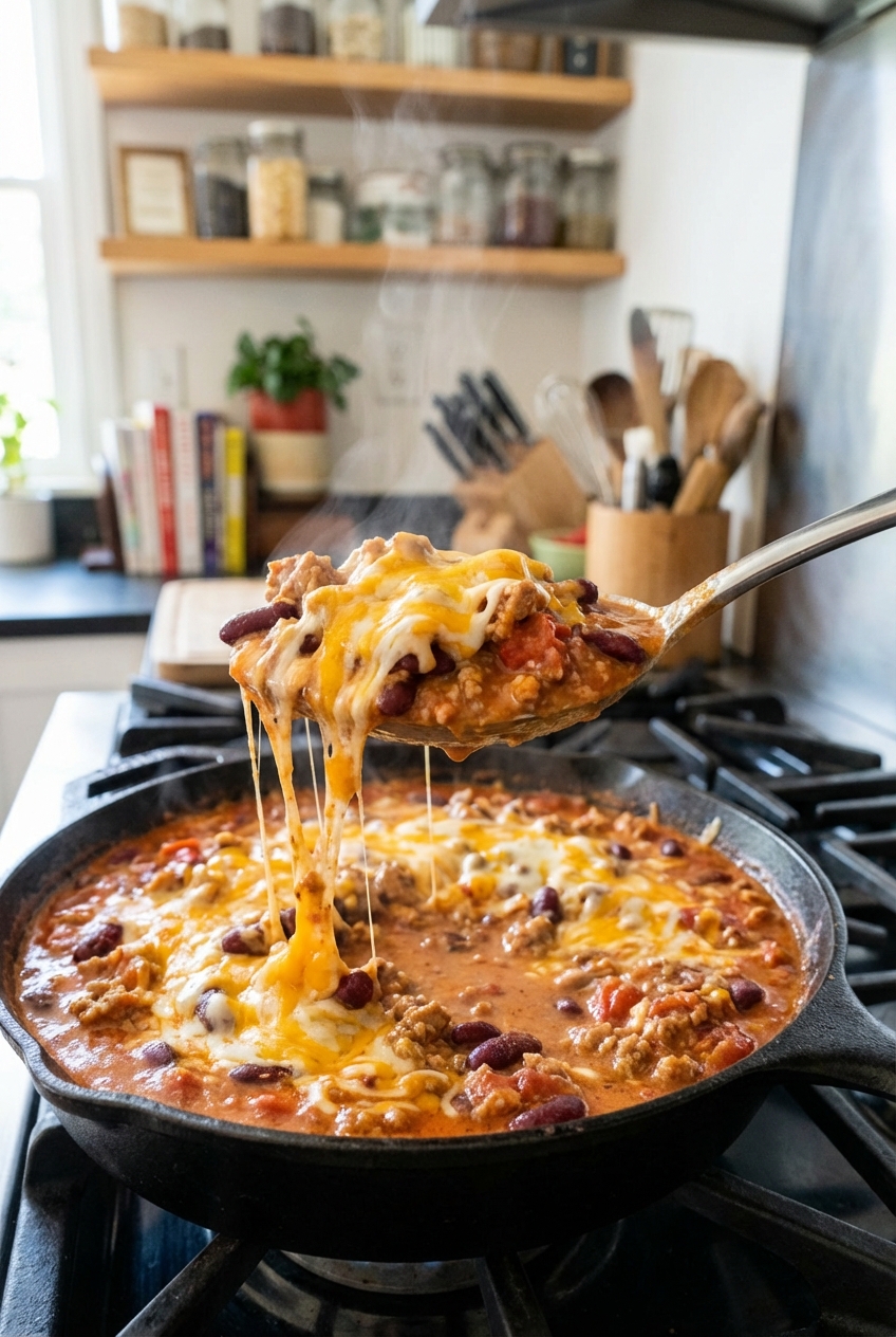 A spoon scooping a serving of creamy tomato ground turkey and beans from a skillet with melted cheese on top