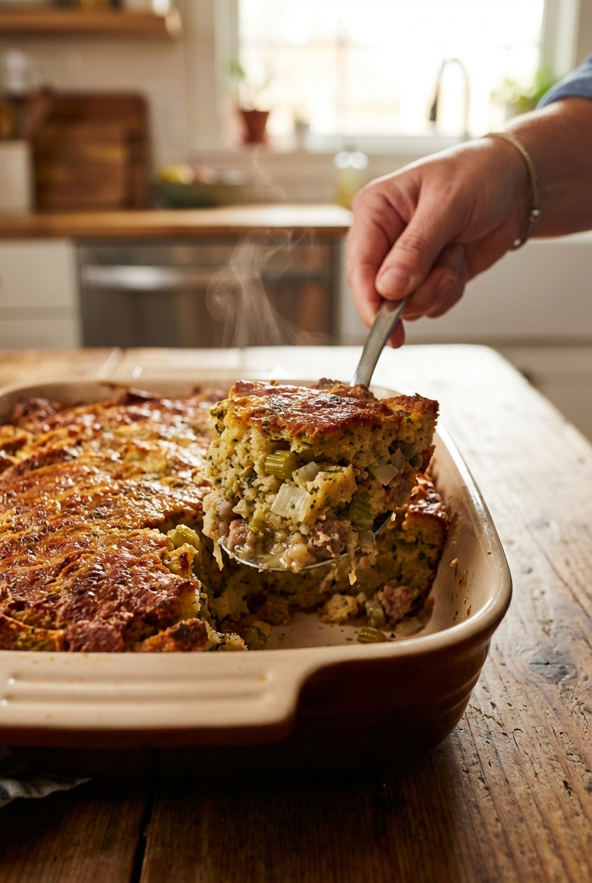 A spoon scooping a serving of rich savory dressing from a baking dish, showing a moist center and crisp browned top