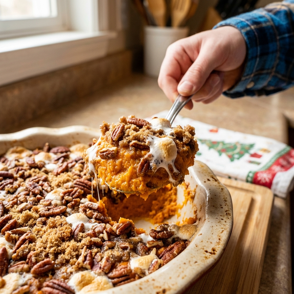 A spoon scooping a serving of sweet potato casserole showing creamy filling and crunchy pecan topping