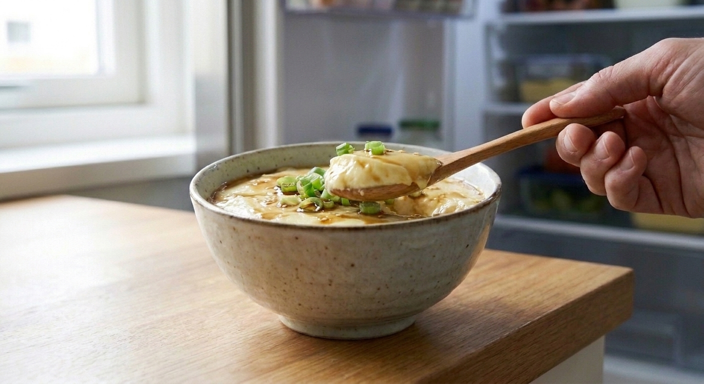 A spoon scooping a silky portion of steamed egg custard from a bowl, with scallions on top and soy-sesame drizzle visible