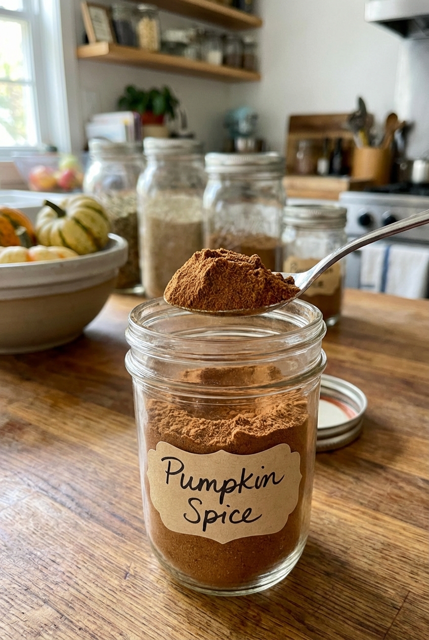 A spoon scooping a small mound of savory pumpkin spice blend from a jar