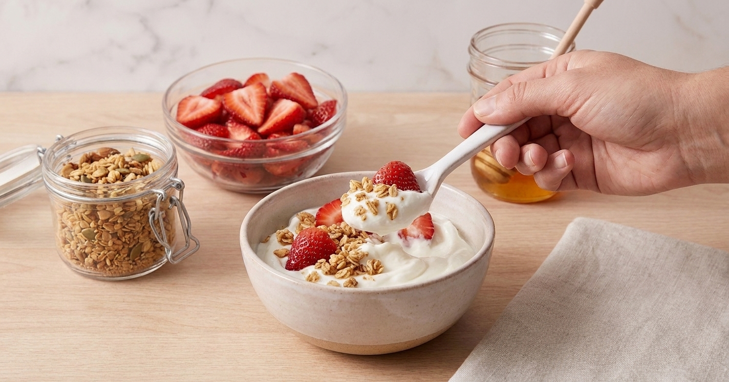 A spoon scooping a strawberry yogurt bowl with granola on top on a bright kitchen table