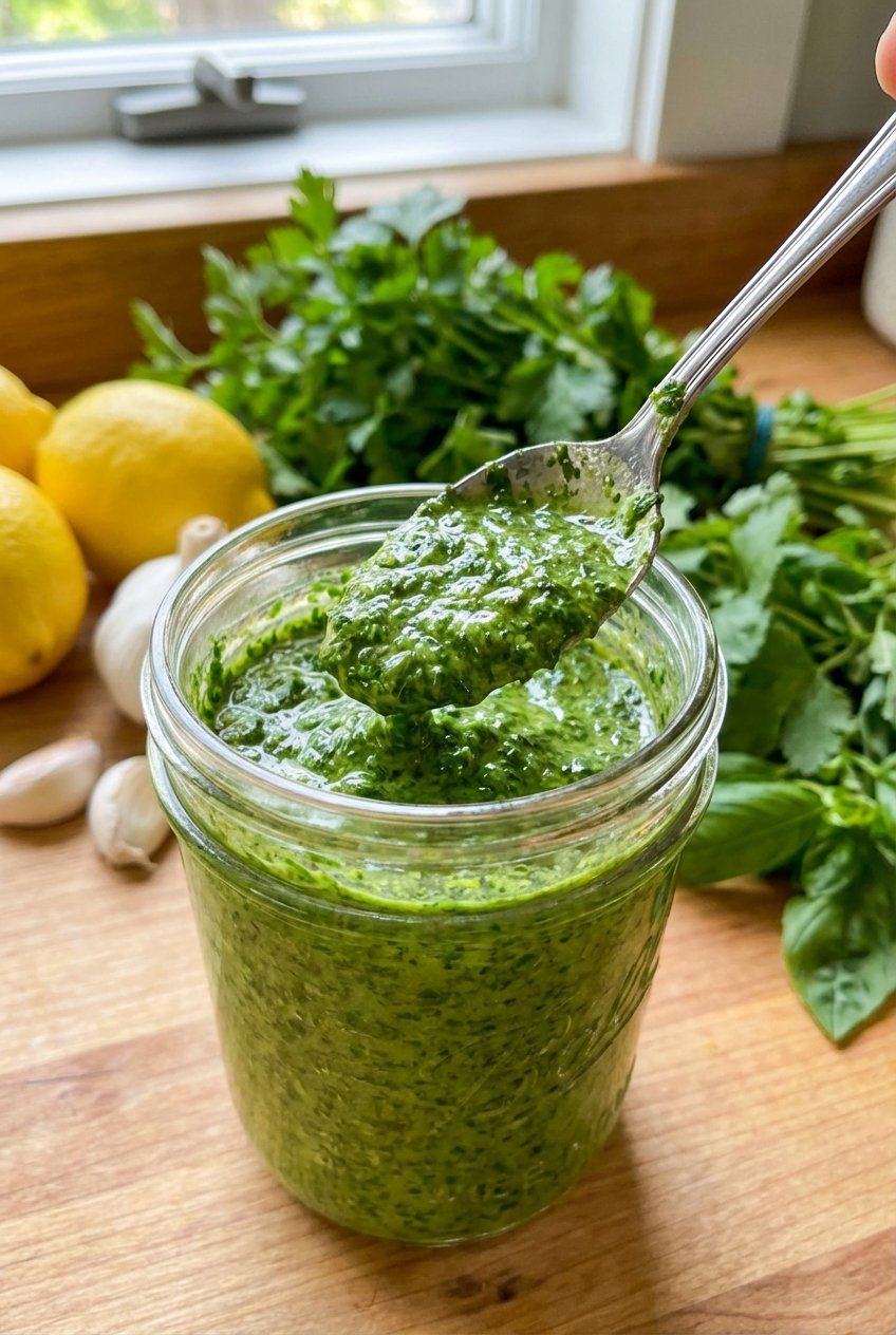 A spoon scooping bright green herb sauce from a jar with lemon and herbs in the background