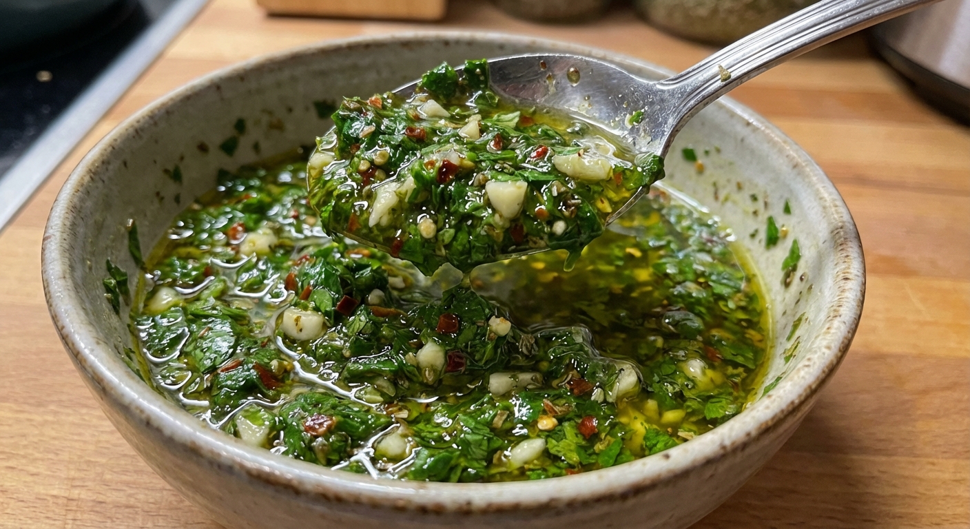 A spoon scooping chimichurri from a bowl with visible chopped parsley and garlic