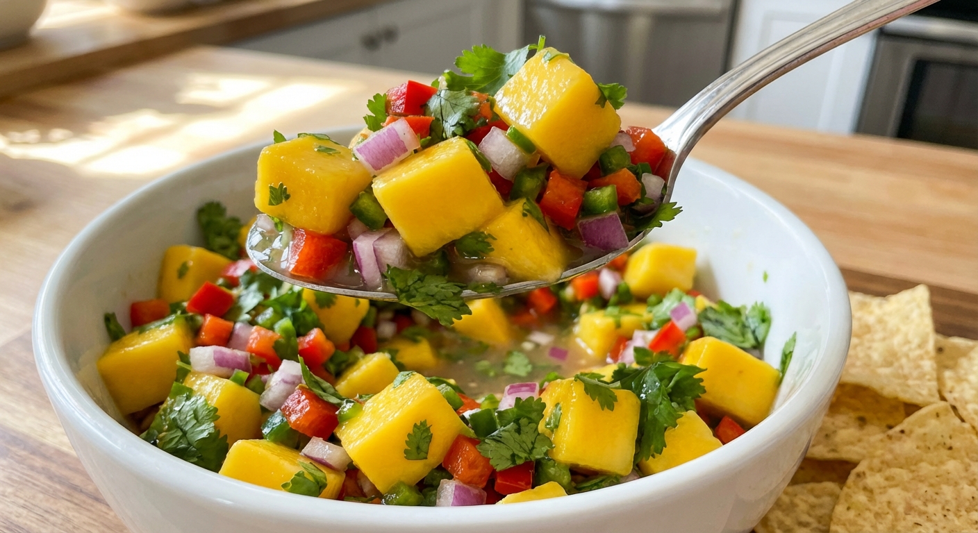 A spoon scooping chunky mango salsa from a bowl, showing juicy mango pieces and chopped cilantro