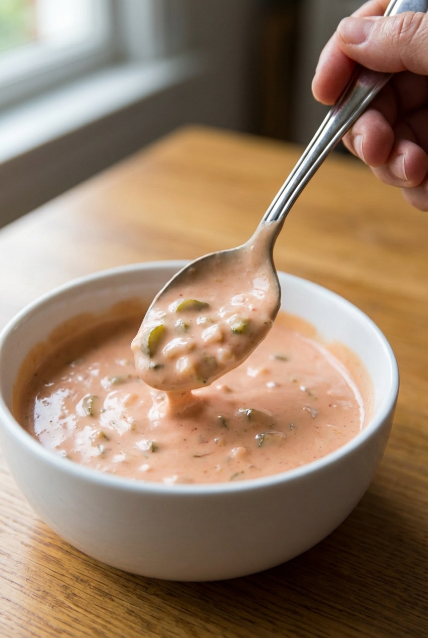 A spoon scooping creamy Thousand Island dressing from a bowl with visible pickle and onion bits