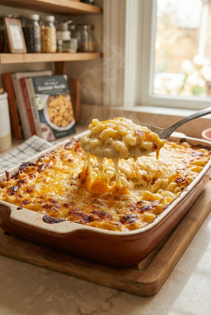 A spoon scooping creamy baked macaroni and cheese from a casserole dish