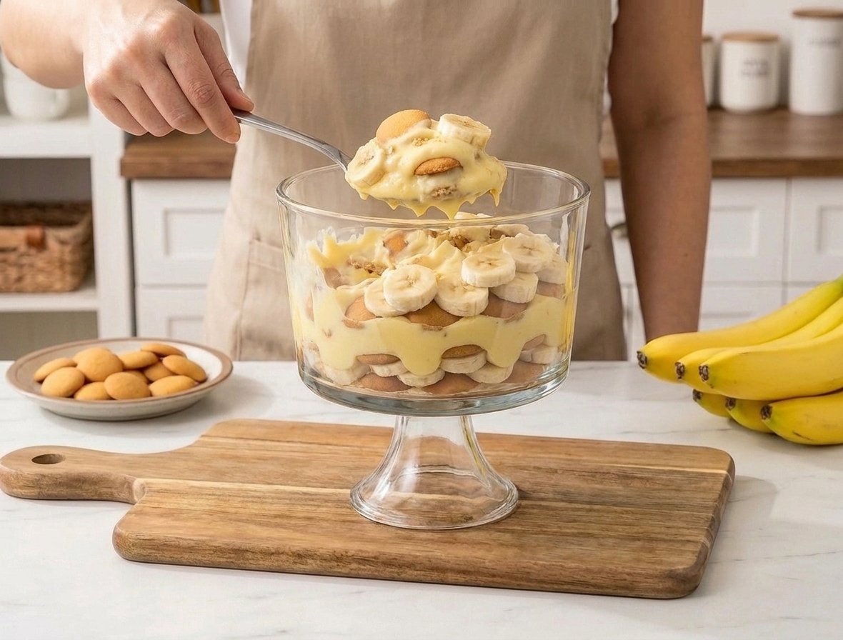 A spoon scooping creamy banana pudding from a trifle dish, showing softened cookies and banana slices.