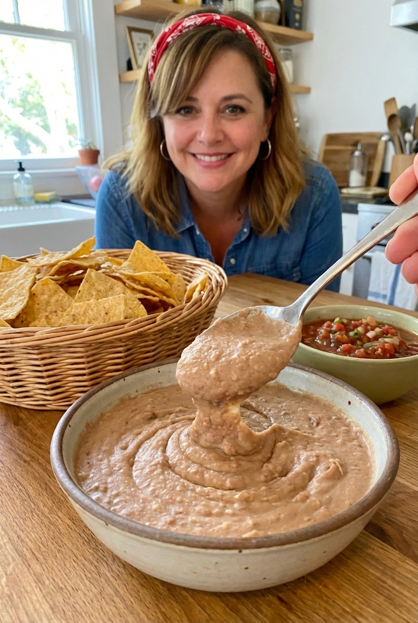 A spoon scooping creamy bean dip from a bowl with tortilla chips nearby