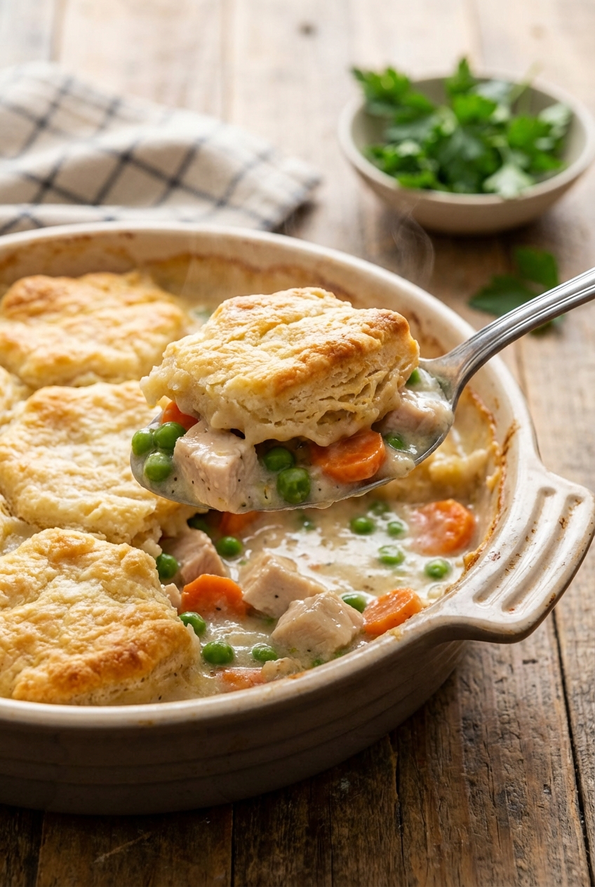 A spoon scooping creamy chicken cobbler showing tender chicken, peas, and carrots under biscuit topping