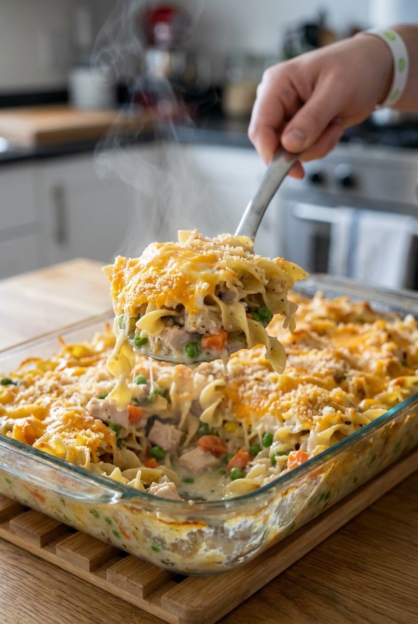 A spoon scooping creamy chicken noodle casserole from the baking dish showing steam and tender noodles