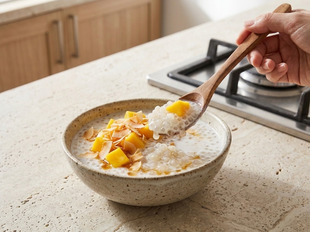 A spoon scooping creamy coconut sago topped with diced mango from a serving bowl on a kitchen counter