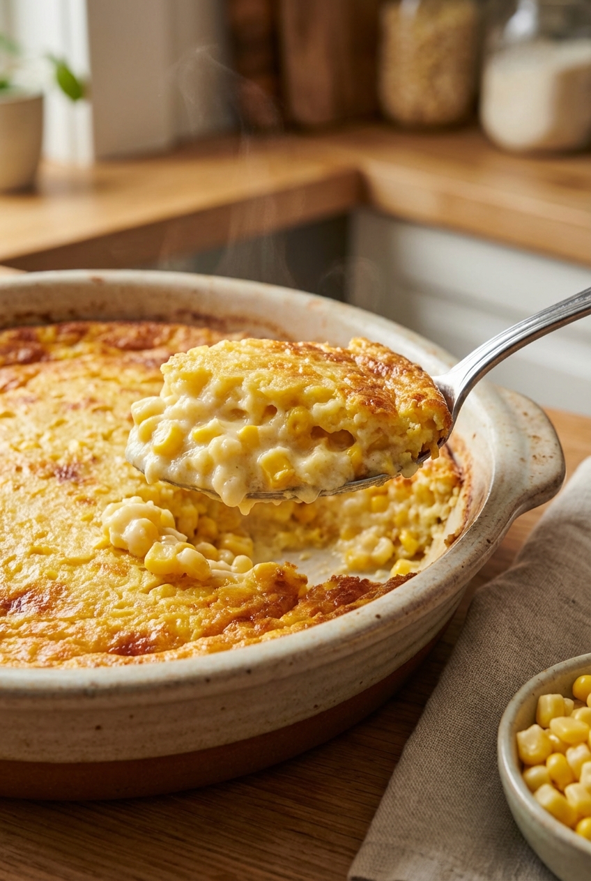 A spoon scooping creamy corn pudding from a baking dish, showing tender corn kernels and a lightly browned top
