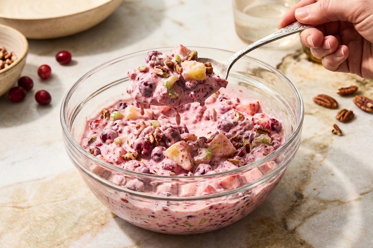 A spoon scooping creamy cranberry salad from a glass bowl, showing the pink mixture with cranberry pieces and pecans