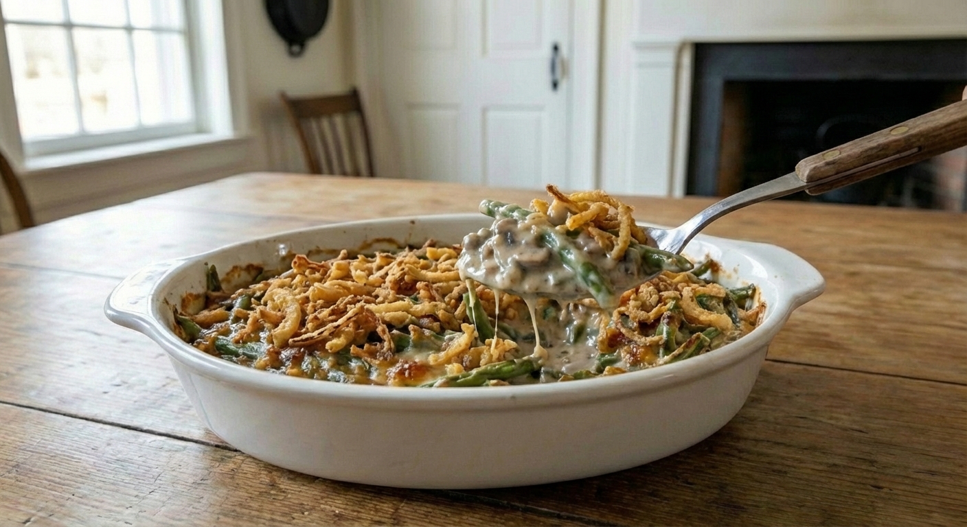 A spoon scooping creamy green bean casserole with mushrooms and crispy onions from a baking dish