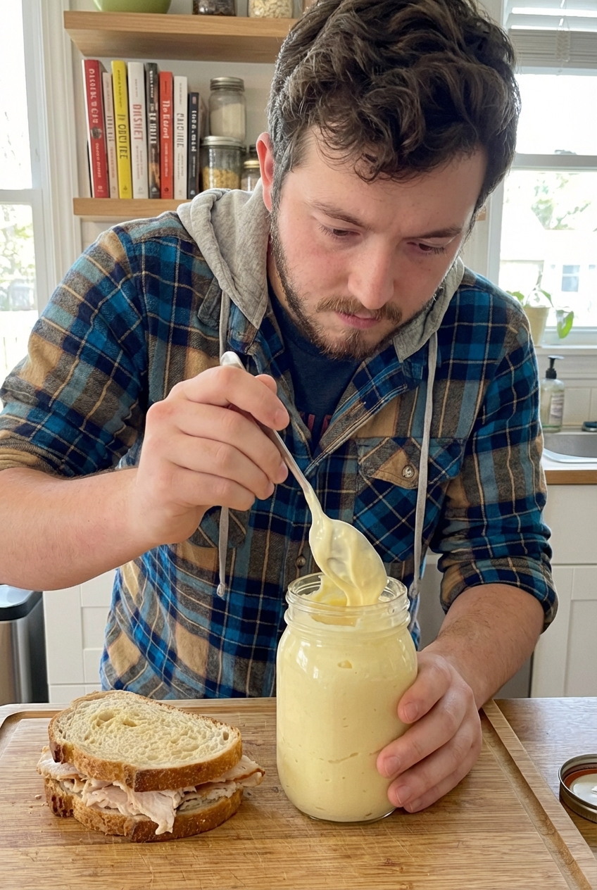 A spoon scooping creamy lemony mayo from a jar next to a sandwich on a cutting board