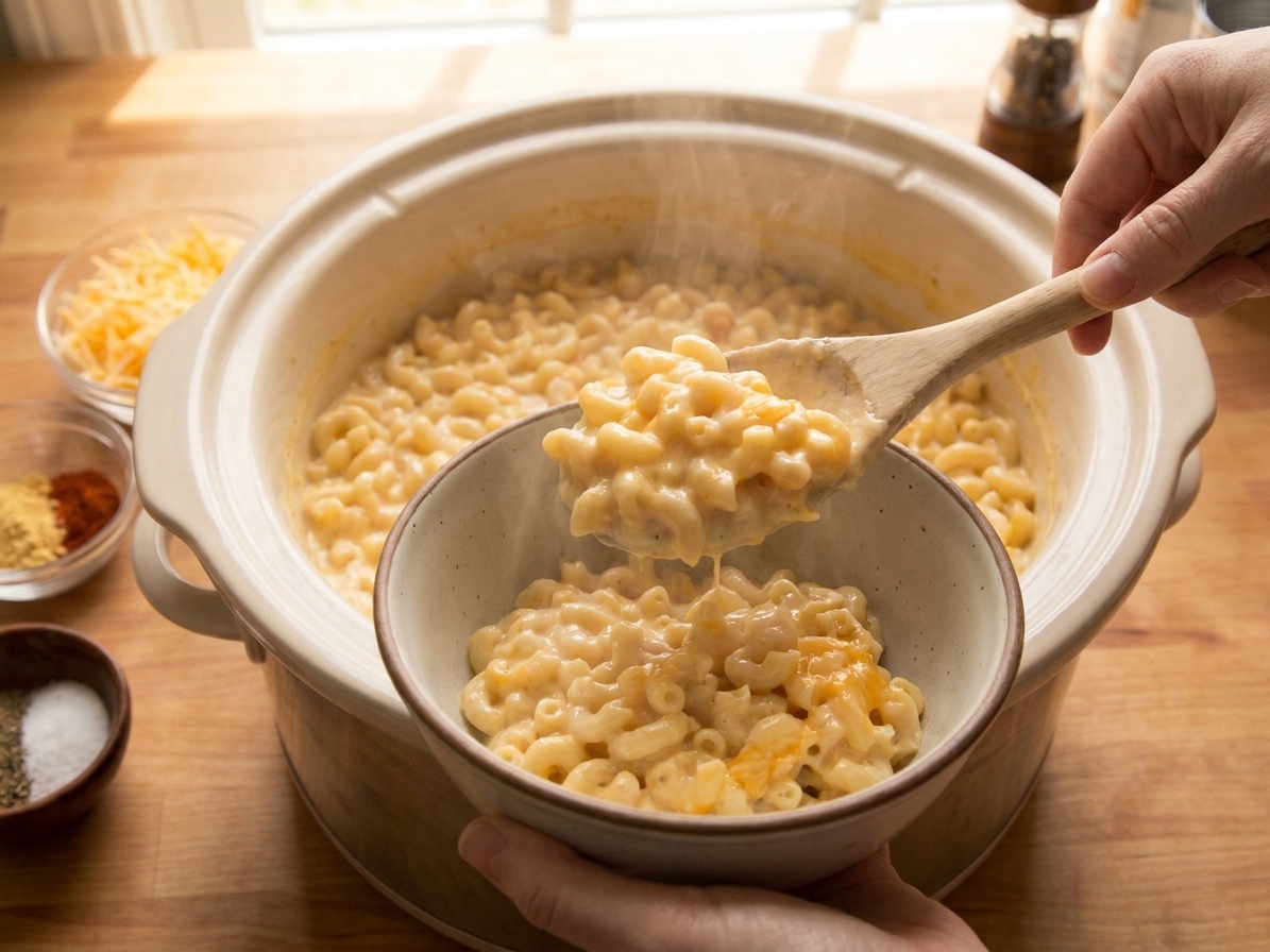 A spoon scooping creamy mac and cheese from a slow cooker into a bowl