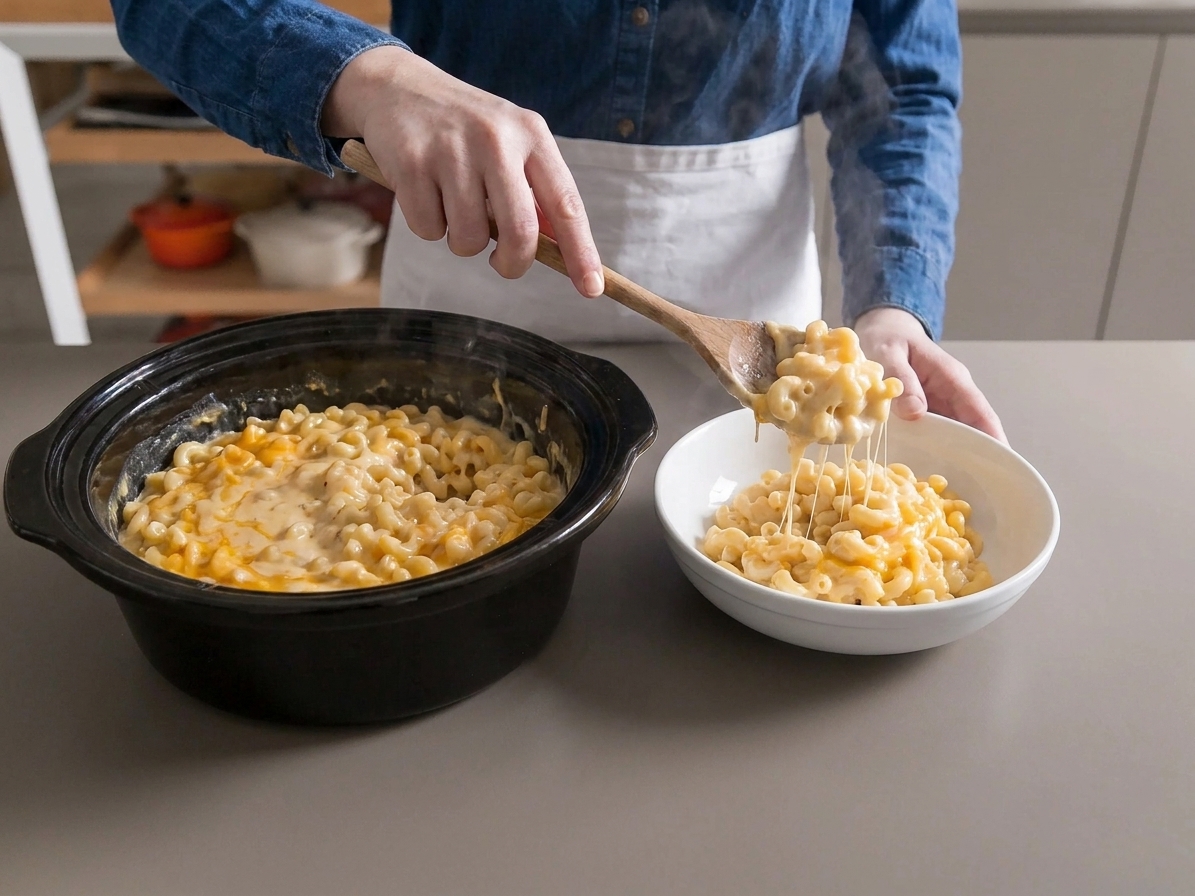A spoon scooping creamy mac and cheese from a slow cooker into a bowl, with steam rising in a home kitchen