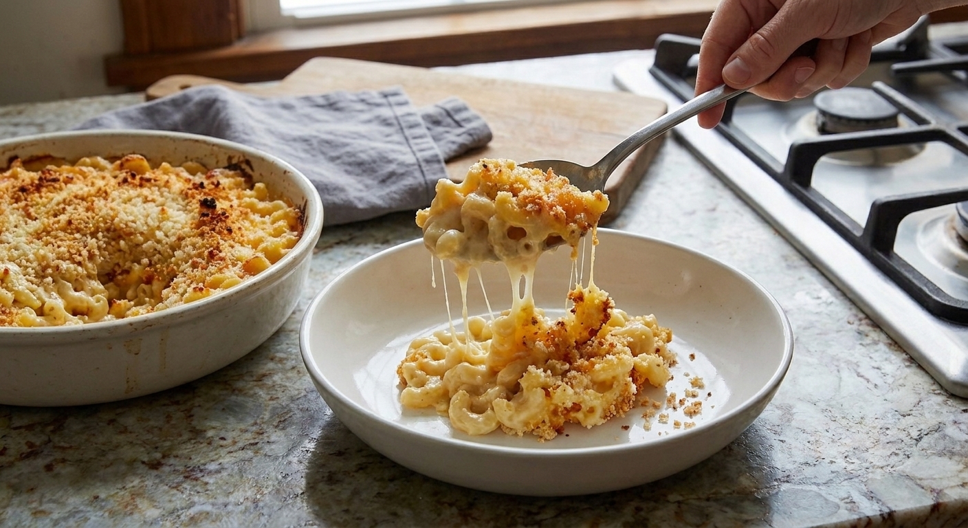 A spoon scooping creamy mac and cheese into a shallow bowl with visible stretchy cheese and toasted crumbs