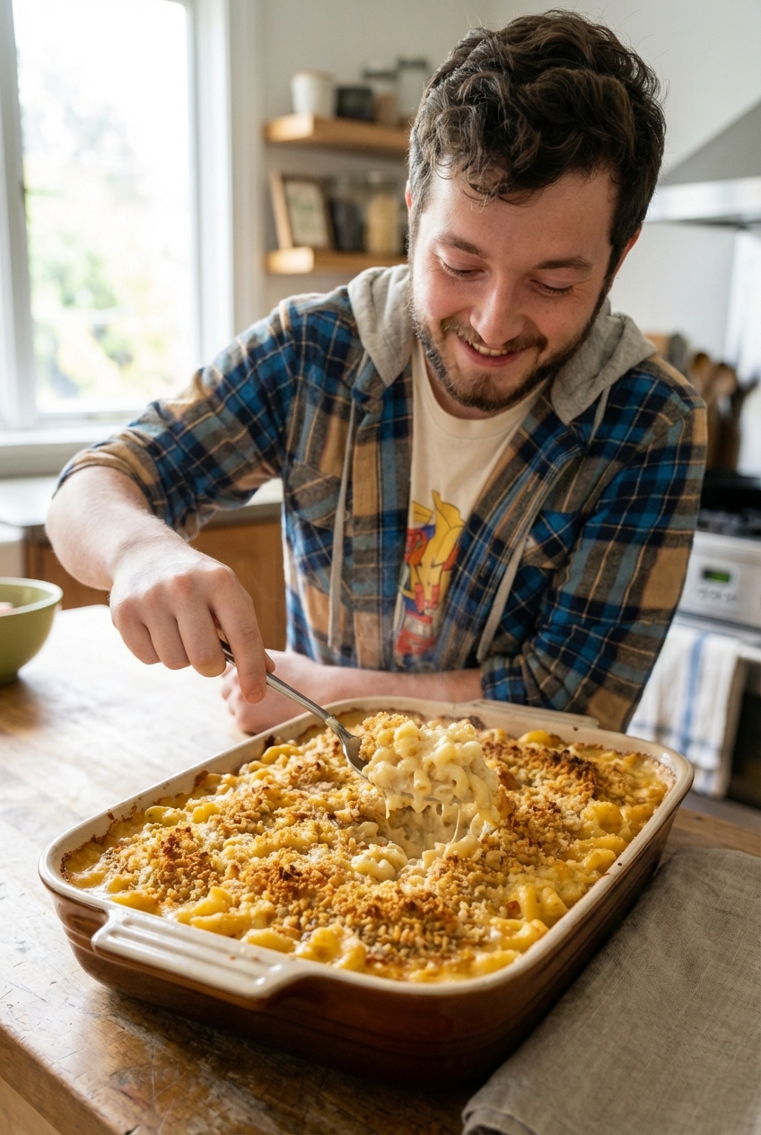 A spoon scooping creamy macaroni and cheese from a baking dish with crisp browned breadcrumbs on top