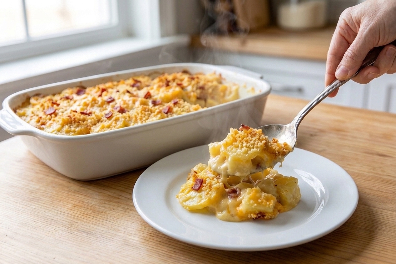 A spoon scooping creamy potato casserole onto a plate, showing the cheesy sauce and crunchy topping.