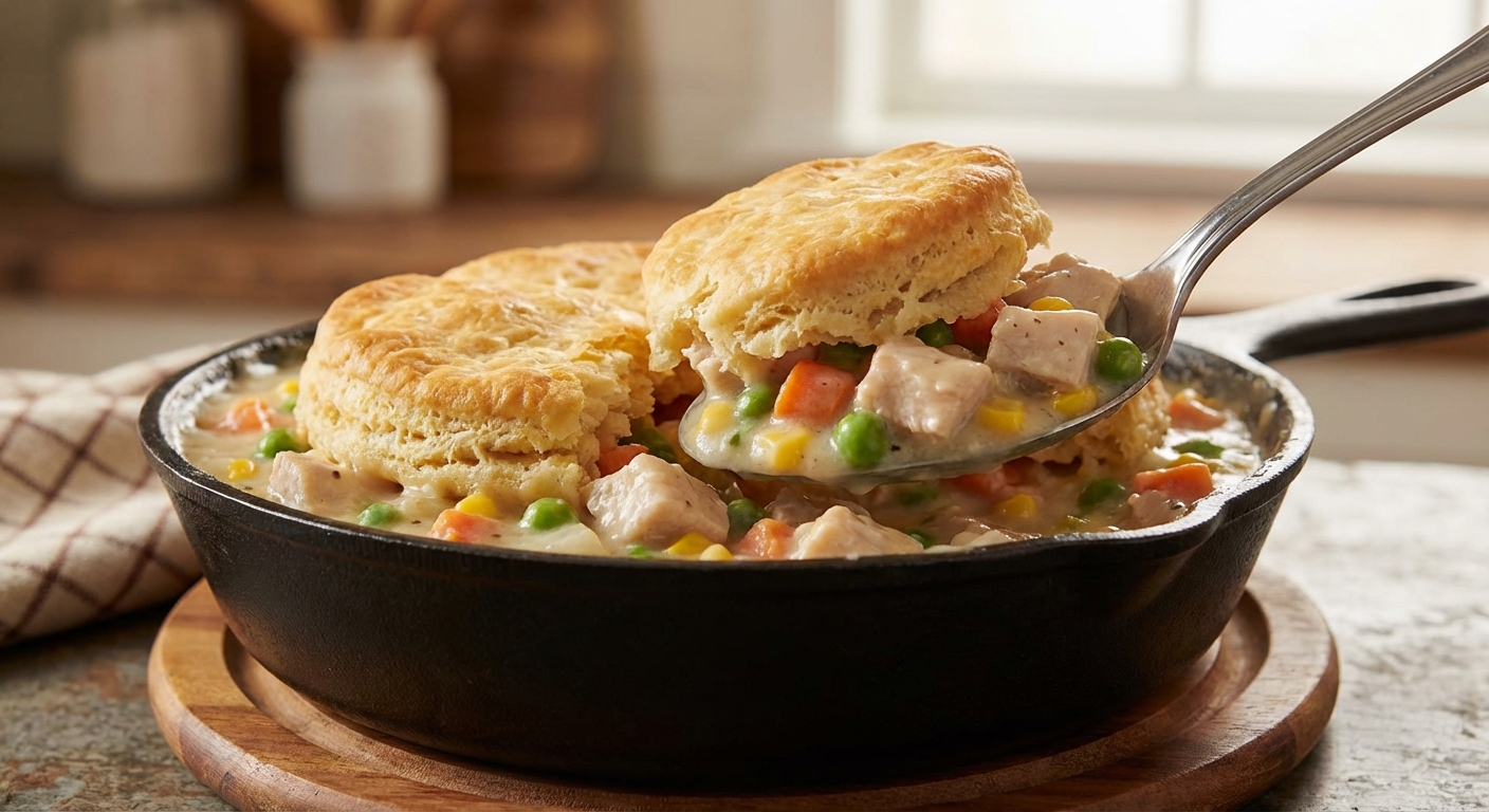 A spoon scooping creamy turkey and vegetable filling from a skillet pot pie with a golden biscuit on top