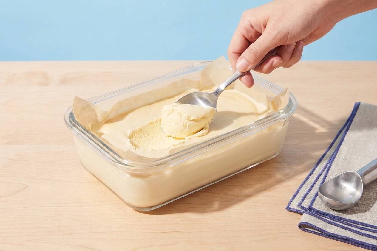 A spoon scooping dense vanilla frozen custard from a freezer container on a kitchen counter