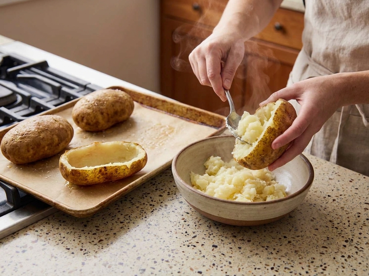 A spoon scooping fluffy baked potato insides into a bowl while leaving sturdy potato skins on a baking sheet