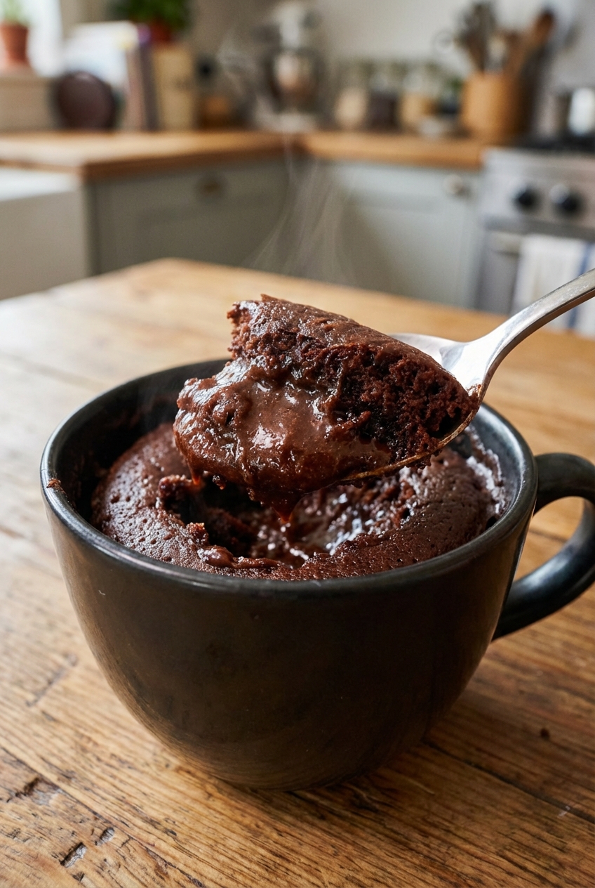 A spoon scooping into a fudgy chocolate mug cake showing a moist center