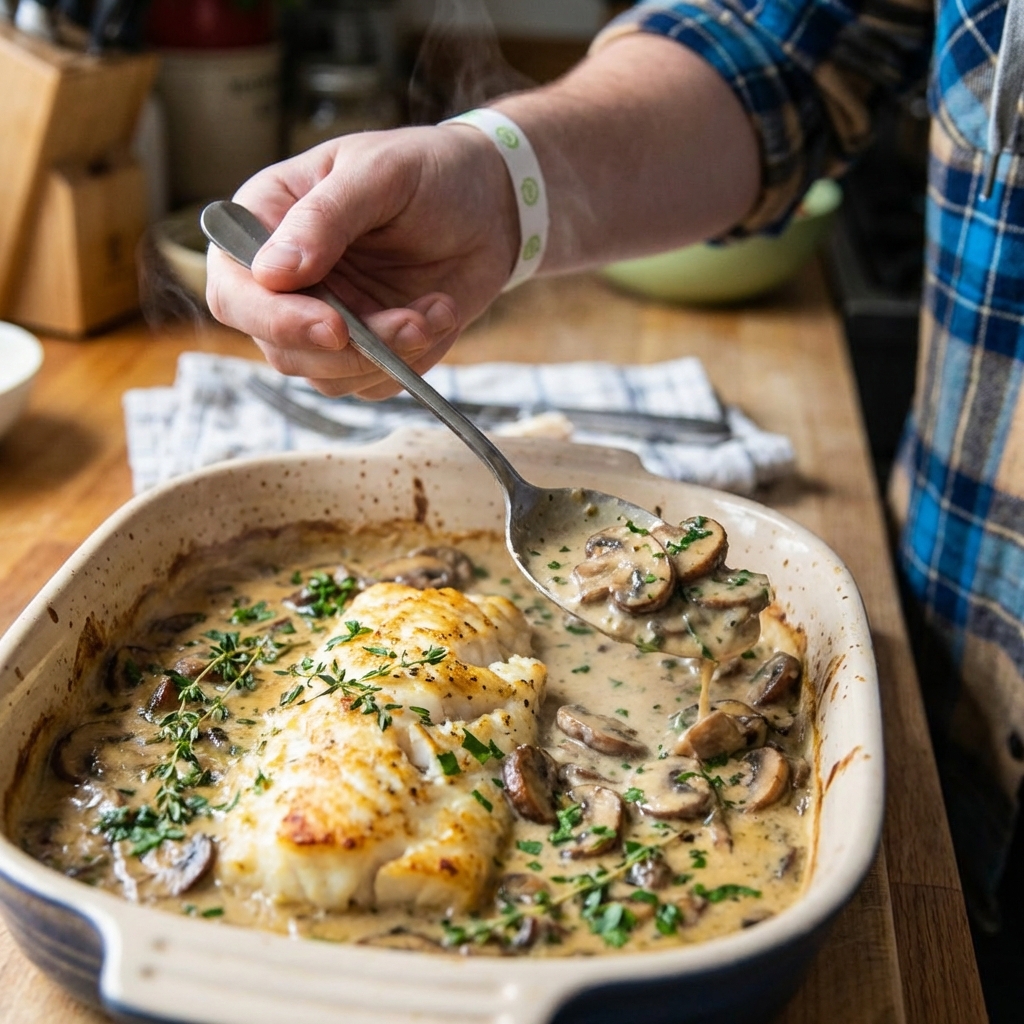 A spoon scooping mushroom and herb sauce from a baking dish with baked cod