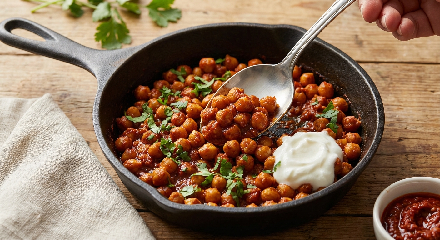 A spoon scooping saucy harissa chickpeas from a skillet with herbs and yogurt